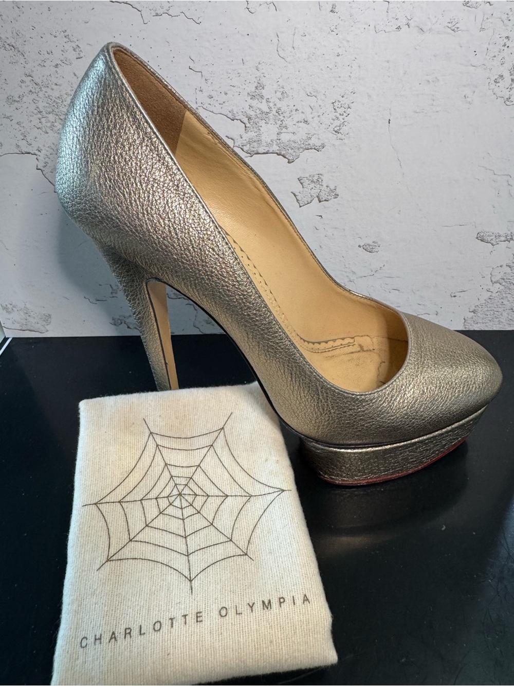 Charlotte Olympia Metal Silver Leather Platform Heels Pumps Stilettos, Size 37